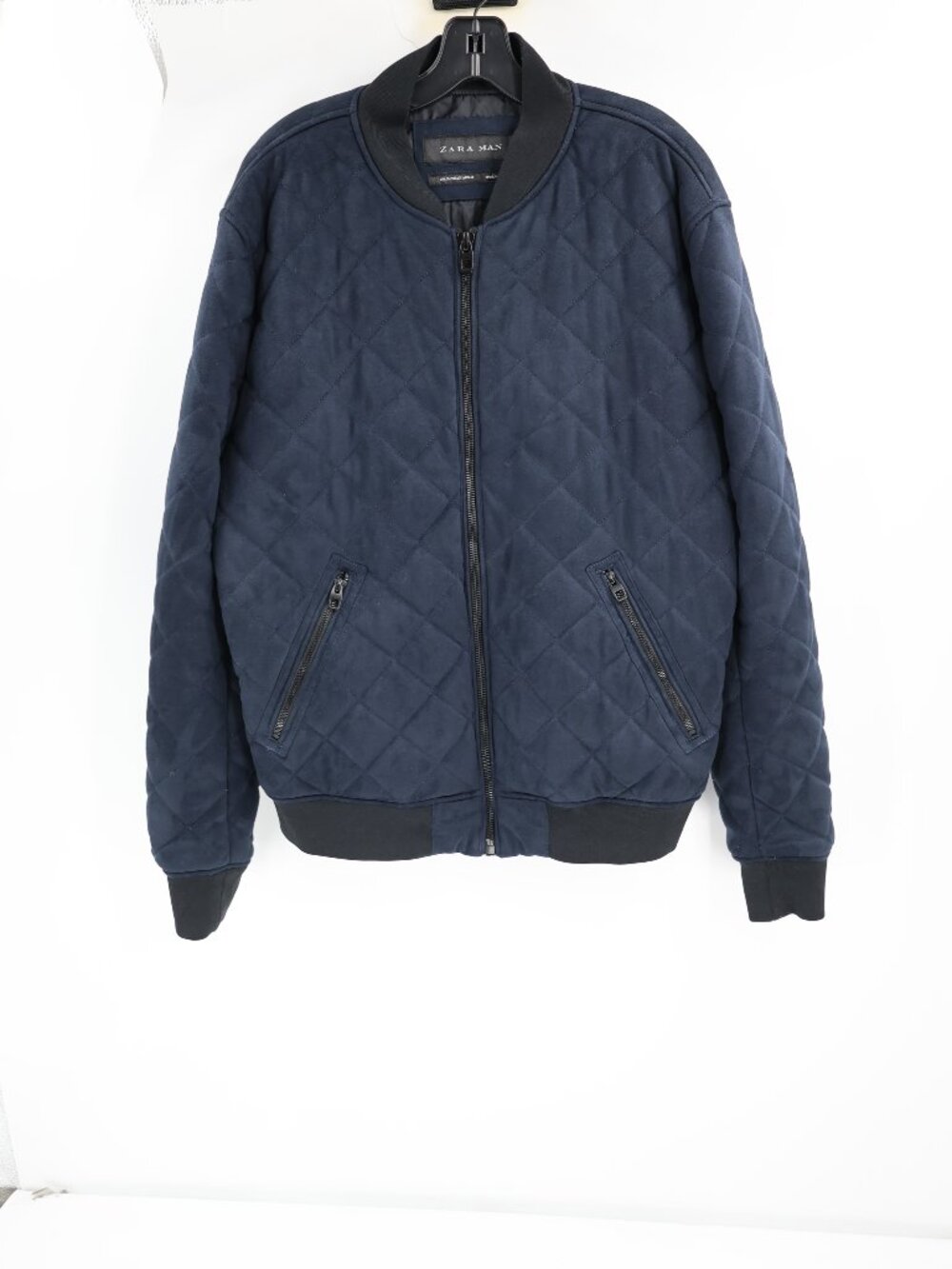 Zara Jacket Men's XL Faux suede Full Zip Quilted Diamond Bomber Pockets Blue